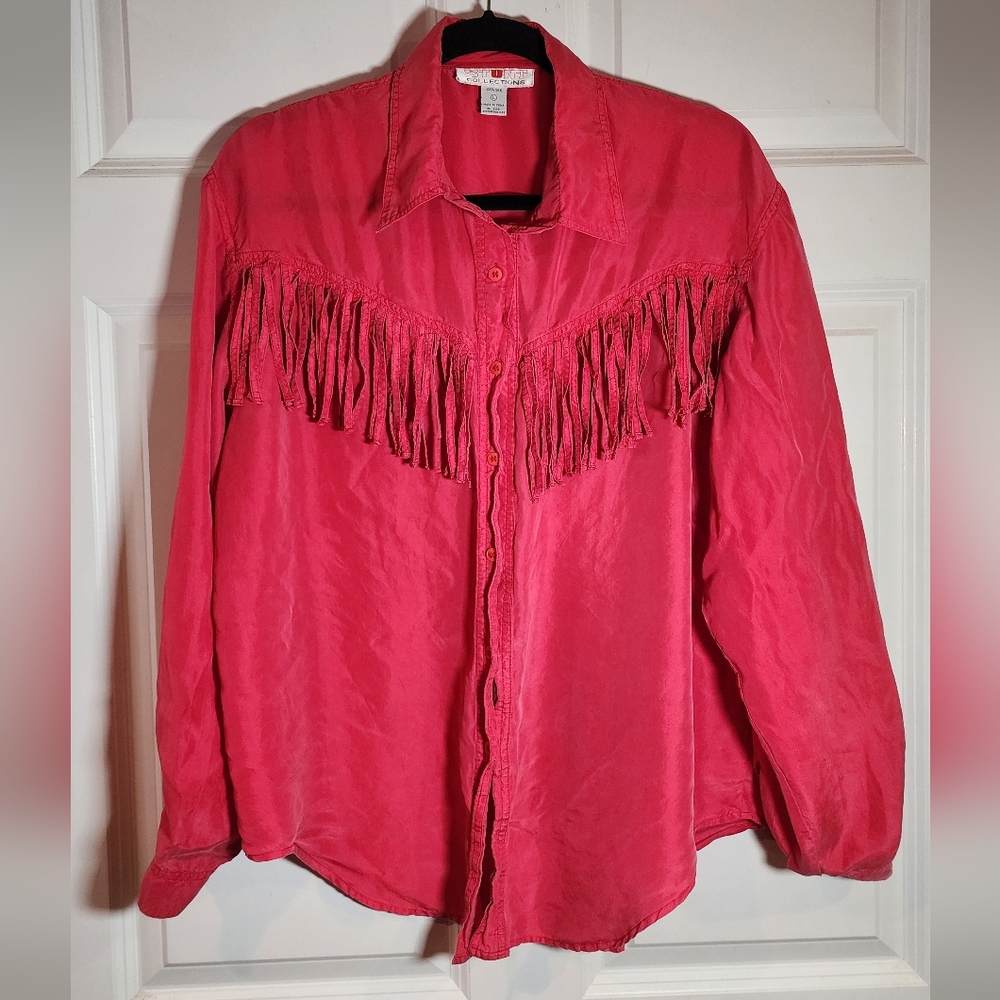 Stunt Collections Vintage Silk Fringed Button-Up Western Button Up Shirt L